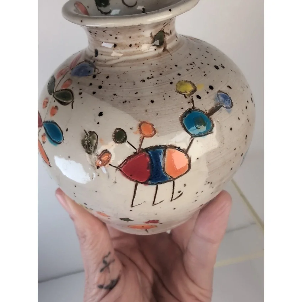 Glazed Handmade Pot/Vase Colorful Design Signed & Dated Contemporary, Cute Bugs?